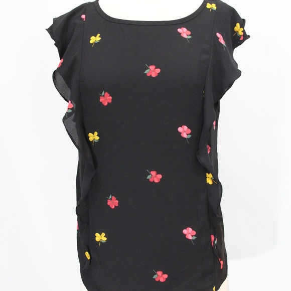 LOFT Tops - Loft Floral Shirt Small Ruffle Top Black